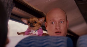 Movie still from “Why Did I Get Married?” (2007), directed by Tyler Perry – A man and a small dog in the back of a car; Close Up shot, High angle