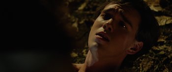 Movie still from “Wildling” (2018), directed by Fritz Böhm – A person's face with a tree in the background; Close Up shot, Overhead angle