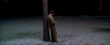 Movie still from “Windtalkers” (2002), directed by John Woo – A man standing next to a palm tree on the beach looking at his cell phone; Wide shot, High angle