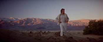 Movie still from “Winter Kills” (1979), directed by William Richert – A man standing on top of a sandy beach; Wide shot, Low angle