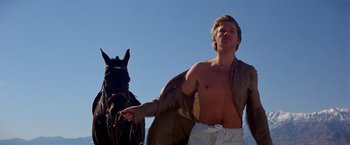 Movie still from “Winter Kills” (1979), directed by William Richert – A man standing next to a horse in a field; Medium shot, Low angle