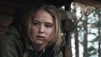 Movie still from “Winter's Bone” (2010), directed by Debra Granik – A young woman with long brown hair is looking at the camera; Close Up shot, Over the shoulder angle