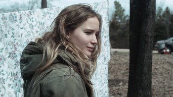 Movie still from “Winter's Bone” (2010), directed by Debra Granik – A woman with long hair is wearing a jacket; Close Up shot, Over the shoulder angle
