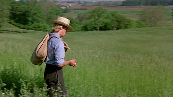 Movie still from “Witness” (1985), directed by Peter Weir – A man walking through a field wearing a straw hat; Medium shot, Low angle