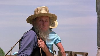 Movie still from “Witness” (1985), directed by Peter Weir – An old man with a long beard wearing a straw hat; Close Up shot, Low angle