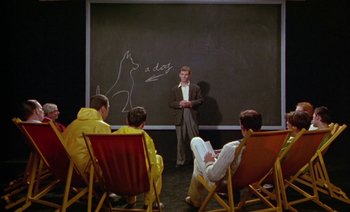 Movie still from “Wittgenstein” (1993), directed by Derek Jarman – A group of people sitting in chairs in front of a blackboard; Wide shot, High angle