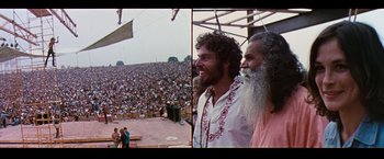 Movie still from “Woodstock” (1970), directed by Michael Wadleigh – Two pictures of people at an outdoor concert; Medium shot, High angle