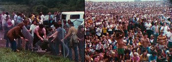 Movie still from “Woodstock” (1970), directed by Michael Wadleigh – A crowd of people standing in front of a white van; Extreme Wide shot, High angle