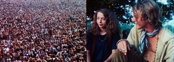 Movie still from “Woodstock” (1970), directed by Michael Wadleigh – A crowd of people sitting and standing in a crowd; Wide shot, High angle