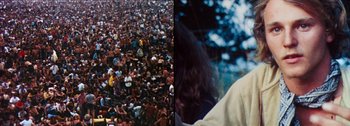 Movie still from “Woodstock” (1970), directed by Michael Wadleigh – A large crowd of people gathered in a field; Wide shot, High angle