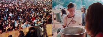 Movie still from “Woodstock” (1970), directed by Michael Wadleigh – A crowd of people sitting and standing in a field; Medium shot, High angle