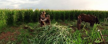 Movie still from “Wyatt Earp” (1994), directed by Lawrence Kasdan – Two people sitting in a corn field next to a bunch of green plants; Extreme Wide shot, High angle
