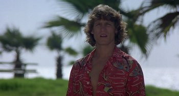 Movie still from “Xanadu” (1980), directed by Robert Greenwald – A man with long hair wearing a red hawaiian shirt; Close Up shot, Low angle