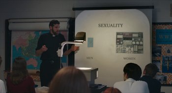 Movie still from “Yes, God, Yes” (2019), directed by Karen Maine – A man standing in front of a projection screen; Wide shot, Over the shoulder angle