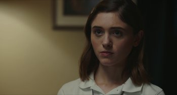 Movie still from “Yes, God, Yes” (2019), directed by Karen Maine – A young woman is looking into the distance; Close Up shot, Over the shoulder angle