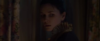 Movie still from “You're Next” (2011), directed by Adam Wingard – A young woman is looking at the camera through a window; Close Up shot, Low angle