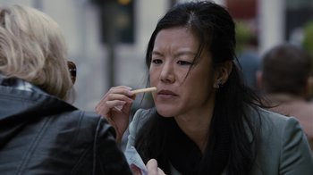 Movie still from “Young Adult” (2011), directed by Jason Reitman – A person holding a stick in her mouth; Close Up shot, Over the shoulder angle
