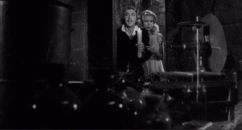 Movie still from “Young Frankenstein” (1974), directed by Mel Brooks – A man and a woman are standing in front of a mirror; Medium shot, Low angle