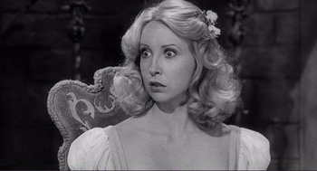 Movie still from “Young Frankenstein” (1974), directed by Mel Brooks – A black and white photo of a woman in a white dress; Close Up shot, High angle