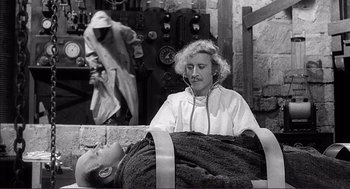 Movie still from “Young Frankenstein” (1974), directed by Mel Brooks – An old photo of a man and a woman in a room; Medium shot, High angle