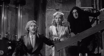 Movie still from “Young Frankenstein” (1974), directed by Mel Brooks – A group of people standing next to each other in front of a stone wall; Medium shot, Low angle