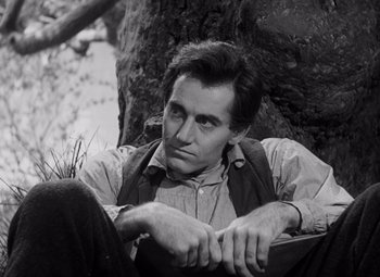 Movie still from “Young Mr. Lincoln” (1939), directed by John Ford – A black and white photo of a man leaning against a tree; Close Up shot, Low angle