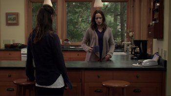 Movie still from “Your Sister's Sister” (2011), directed by Lynn Shelton – Two women standing in a kitchen talking to each other; Medium shot, Over the shoulder angle