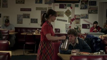 Movie still from “Your Sister's Sister” (2011), directed by Lynn Shelton – A man and a woman are sitting at a table in a restaurant; Medium shot, Over the shoulder angle