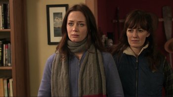 Movie still from “Your Sister's Sister” (2011), directed by Lynn Shelton – Two women in a room with a picture on the wall behind them; Close Up shot, Over the shoulder angle