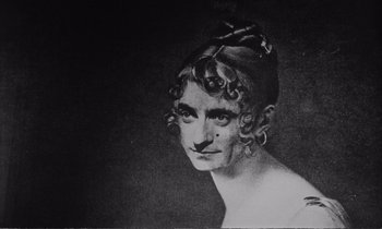 Movie still from “Yoyo” (1965), directed by Pierre Étaix – A black and white photo of a woman's face; Close Up shot, High angle