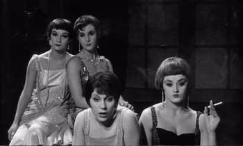 Movie still from “Yoyo” (1965), directed by Pierre Étaix – A black and white photo of a group of women; Medium shot, High angle