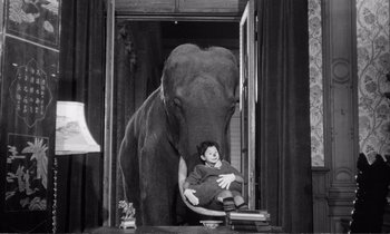 Movie still from “Yoyo” (1965), directed by Pierre Étaix – A boy sitting in a chair next to an elephant; Wide shot, High angle