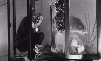 Movie still from “Yoyo” (1965), directed by Pierre Étaix – A black - and - white photo of a man looking into a fish tank; Medium shot, Low angle
