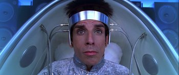 Movie still from “Zoolander” (2001), directed by Ben Stiller – Ben stiller in a space helmet in the movie zoolander; Close Up shot, Overhead angle