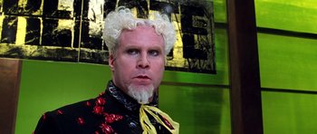 Movie still from “Zoolander” (2001), directed by Ben Stiller – A man with white hair wearing a black and red outfit; Close Up shot, Low angle
