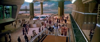 Movie still from “Star Trek: The Motion Picture” (1979), directed by Robert Wise – A group of people standing on a set of stairs; Extreme Wide shot, High angle