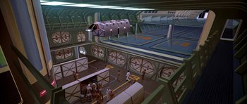 Movie still from “Star Trek: The Motion Picture” (1979), directed by Robert Wise – An overhead view of people standing in a building; Extreme Wide shot, High angle