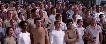 Movie still from “Star Trek: The Motion Picture” (1979), directed by Robert Wise – A large group of men and women in white shirts; Medium shot, High angle