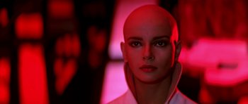 Movie still from “Star Trek: The Motion Picture” (1979), directed by Robert Wise – A woman with a bald head is looking at the camera; Close Up shot, Low angle