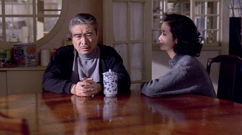 Movie still from “Eat Drink Man Woman” (1994), directed by Ang Lee – An older man and a younger woman sitting at a table; Medium shot, Over the shoulder angle