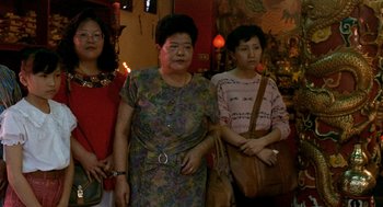 Movie still from “Rebels of the Neon God” (1992), directed by Tsai Ming-liang – A group of women standing next to each other in a room; Medium shot, High angle
