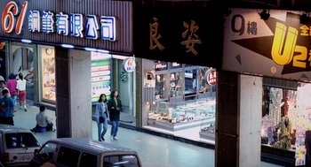 Movie still from “Rebels of the Neon God” (1992), directed by Tsai Ming-liang – Two people walking down the street in front of a store; Extreme Wide shot, High angle
