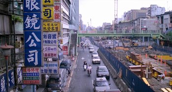 Movie still from “Rebels of the Neon God” (1992), directed by Tsai Ming-liang – A busy street with cars , motorcycles , and pedestrians on it; Extreme Wide shot, High angle