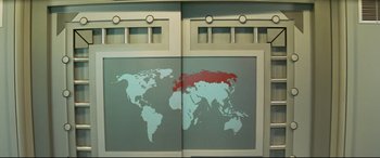 Movie still from “xXx” (2002), directed by Rob Cohen – A map of the world is shown on a wall; Extreme Close Up shot, Overhead angle