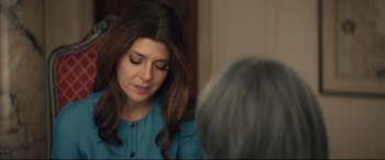 Movie still from “Human Capital” (2019), directed by Marc Meyers – A person sitting in front of another person; Close Up shot, Over the shoulder angle