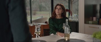 Movie still from “Human Capital” (2019), directed by Marc Meyers – A woman sitting at a table with a glass of wine; Medium shot, Over the shoulder angle