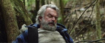 Movie still from “Hunt for the Wilderpeople” (2016), directed by Taika Waititi – An older man with grey hair and a gray beard; Close Up shot, High angle