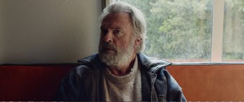 Movie still from “Hunt for the Wilderpeople” (2016), directed by Taika Waititi – An older man with a beard looking out of a window; Close Up shot, Low angle