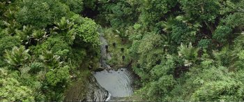 Movie still from “Hunt for the Wilderpeople” (2016), directed by Taika Waititi – An aerial view of a stream in the middle of a forest; Extreme Wide shot, Overhead angle
