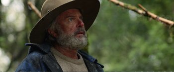 Movie still from “Hunt for the Wilderpeople” (2016), directed by Taika Waititi – An old man with a beard and a hat looking up; Close Up shot, Low angle